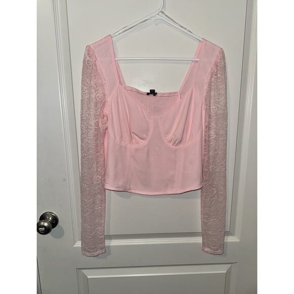 -TOP WOMEN Crop Wild Fable Size Med Lace Long Sleeves Pink C 17” L 19” SL 26” - Picture 2 of 10